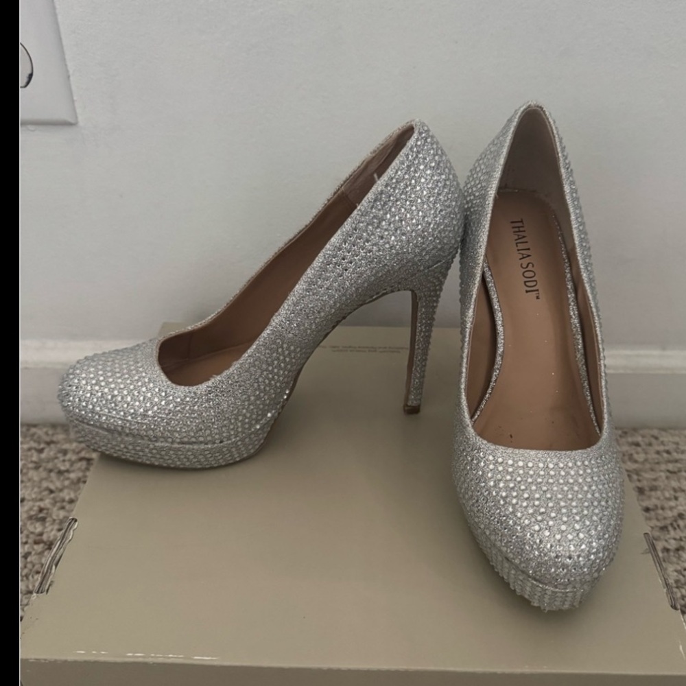 Thalia Sodi Silver Rhinestone Platform Stilettos